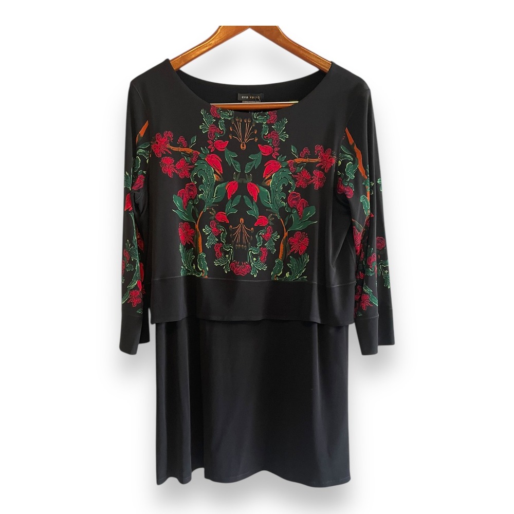 Eva Varro Black Floral 3/4 Sleeve Banded Tunic Top Side Slits NWT XL Made in USA